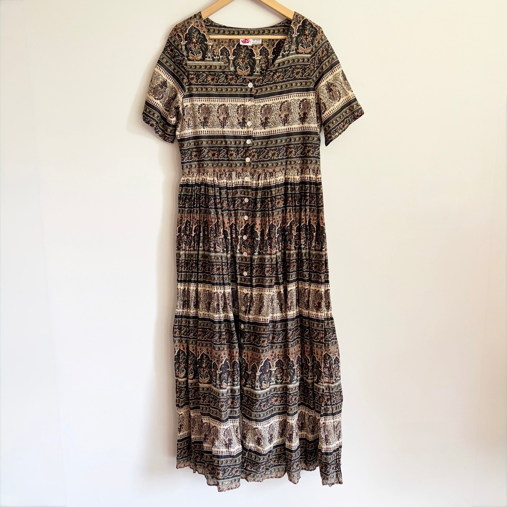VTG No Boundaries Boho Floral Maxi Dress Size Large Button Up Cotton 90s NoBo